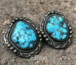Vintage Old Pawn Sterling Silver Navajo Blue Gem Kingman Turquoise Post Earrings