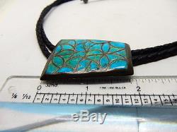 Vintage Old Pawn Sterling Silver Turquoise Inlay Belt Buckle and Bolo Tie Set