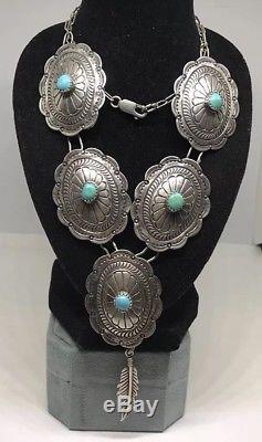 Vintage Old Pawn Turquoise Stamped Sterling 5 Conchos 18 Chain Necklace