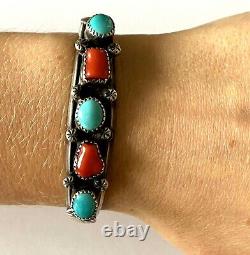 Vintage P. Smith Navajo Sterling 925 Turquoise Coral Ladies Bracelet Cuff Patina