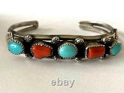 Vintage P. Smith Navajo Sterling 925 Turquoise Coral Ladies Bracelet Cuff Patina