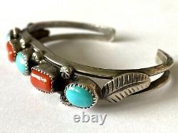 Vintage P. Smith Navajo Sterling 925 Turquoise Coral Ladies Bracelet Cuff Patina