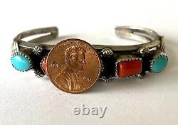 Vintage P. Smith Navajo Sterling 925 Turquoise Coral Ladies Bracelet Cuff Patina