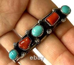 Vintage P. Smith Navajo Sterling 925 Turquoise Coral Ladies Bracelet Cuff Patina