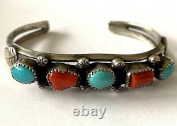 Vintage P. Smith Navajo Sterling 925 Turquoise Coral Ladies Bracelet Cuff Patina