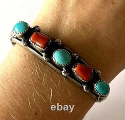 Vintage P. Smith Navajo Sterling 925 Turquoise Coral Ladies Bracelet Cuff Patina