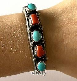 Vintage P. Smith Navajo Sterling 925 Turquoise Coral Ladies Bracelet Cuff Patina