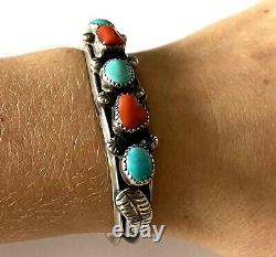 Vintage P. Smith Navajo Sterling 925 Turquoise Coral Ladies Bracelet Cuff Patina