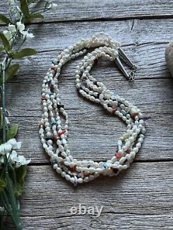 Vintage Pawn Native Sterling Silver Multi Stone Strand Freshwater Pearl Necklace