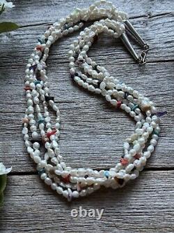 Vintage Pawn Native Sterling Silver Multi Stone Strand Freshwater Pearl Necklace
