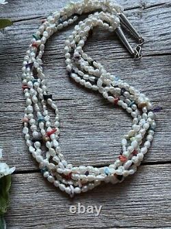 Vintage Pawn Native Sterling Silver Multi Stone Strand Freshwater Pearl Necklace