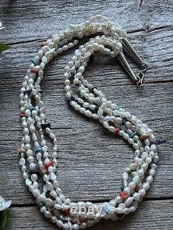 Vintage Pawn Native Sterling Silver Multi Stone Strand Freshwater Pearl Necklace