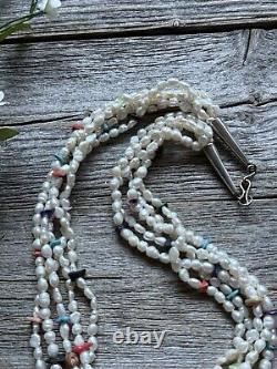 Vintage Pawn Native Sterling Silver Multi Stone Strand Freshwater Pearl Necklace