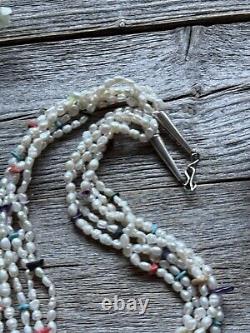 Vintage Pawn Native Sterling Silver Multi Stone Strand Freshwater Pearl Necklace