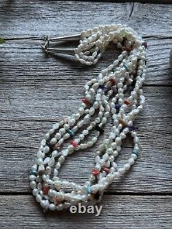 Vintage Pawn Native Sterling Silver Multi Stone Strand Freshwater Pearl Necklace