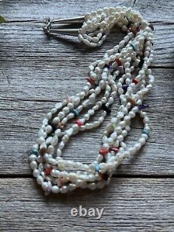 Vintage Pawn Native Sterling Silver Multi Stone Strand Freshwater Pearl Necklace