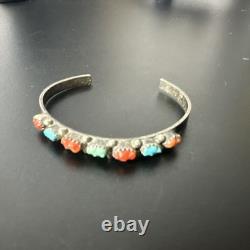 Vintage Petite Carved Turquoise & Coral Sterling Cuff Bracelet
