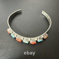 Vintage Petite Carved Turquoise & Coral Sterling Cuff Bracelet