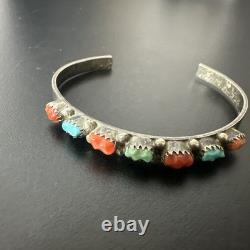 Vintage Petite Carved Turquoise & Coral Sterling Cuff Bracelet