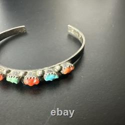 Vintage Petite Carved Turquoise & Coral Sterling Cuff Bracelet