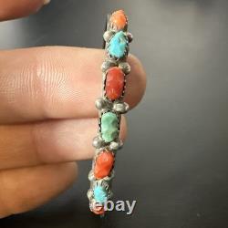 Vintage Petite Carved Turquoise & Coral Sterling Cuff Bracelet