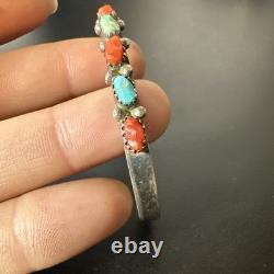 Vintage Petite Carved Turquoise & Coral Sterling Cuff Bracelet