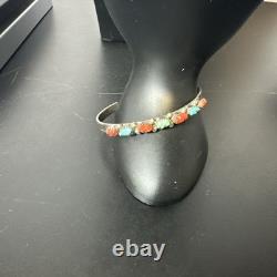 Vintage Petite Carved Turquoise & Coral Sterling Cuff Bracelet