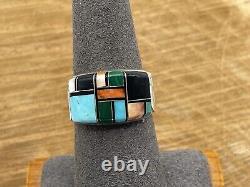 Vintage QT signed Navajo Multi Stone Sterling Silver inlay ring sz 7.5-929.24