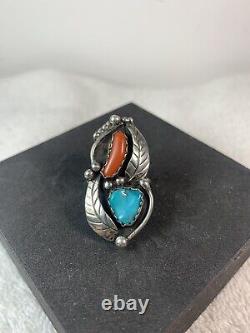 Vintage Ring Turquoise Coral Leaf Tendrils Sterling Size 7 Multi Classic Navajo