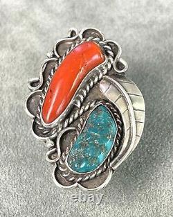 Vintage Ring Turquoise Coral Leaf Tendrils Sterling Size 7 Multi Classic Navajo