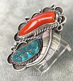 Vintage Ring Turquoise Coral Leaf Tendrils Sterling Size 7 Multi Classic Navajo