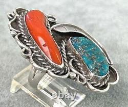 Vintage Ring Turquoise Coral Leaf Tendrils Sterling Size 7 Multi Classic Navajo