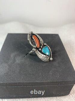 Vintage Ring Turquoise Coral Leaf Tendrils Sterling Size 7 Multi Classic Navajo