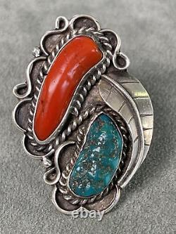 Vintage Ring Turquoise Coral Leaf Tendrils Sterling Size 7 Multi Classic Navajo