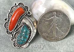 Vintage Ring Turquoise Coral Leaf Tendrils Sterling Size 7 Multi Classic Navajo