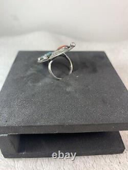 Vintage Ring Turquoise Coral Leaf Tendrils Sterling Size 7 Multi Classic Navajo