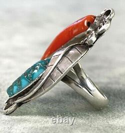 Vintage Ring Turquoise Coral Leaf Tendrils Sterling Size 7 Multi Classic Navajo