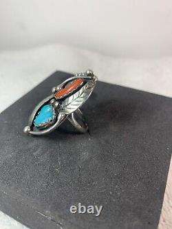 Vintage Ring Turquoise Coral Leaf Tendrils Sterling Size 7 Multi Classic Navajo