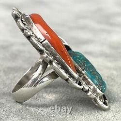 Vintage Ring Turquoise Coral Leaf Tendrils Sterling Size 7 Multi Classic Navajo