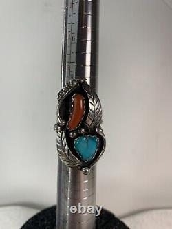 Vintage Ring Turquoise Coral Leaf Tendrils Sterling Size 7 Multi Classic Navajo