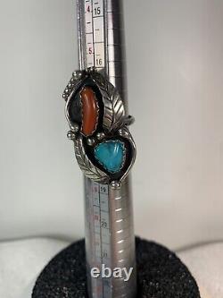 Vintage Ring Turquoise Coral Leaf Tendrils Sterling Size 7 Multi Classic Navajo