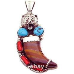 Vintage Running Bear Navajo Sterling Silver Turquoise Coral Tiger Eye Claw Penda