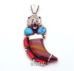 Vintage Running Bear Navajo Sterling Silver Turquoise Coral Tiger Eye Claw Penda