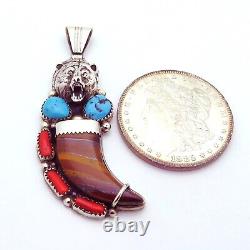 Vintage Running Bear Navajo Sterling Silver Turquoise Coral Tiger Eye Claw Penda