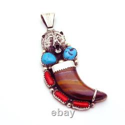 Vintage Running Bear Navajo Sterling Silver Turquoise Coral Tiger Eye Claw Penda