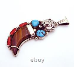 Vintage Running Bear Navajo Sterling Silver Turquoise Coral Tiger Eye Claw Penda