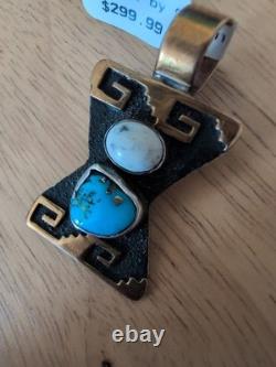 Vintage SHENAN BEGAY Navajo Sterling Silver & Gold Tone pendant Turquoise