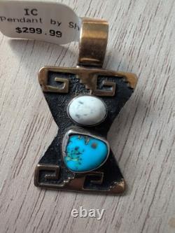 Vintage SHENAN BEGAY Navajo Sterling Silver & Gold Tone pendant Turquoise