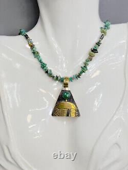 Vintage SHENAN BEGAY Navajo Sterling Silver & Gold Turquoise Beaded Necklace