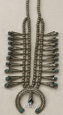 Vintage SS TURQUOISE SQUSH BLOSSOM NATIVE AMERICAN NECKLACE